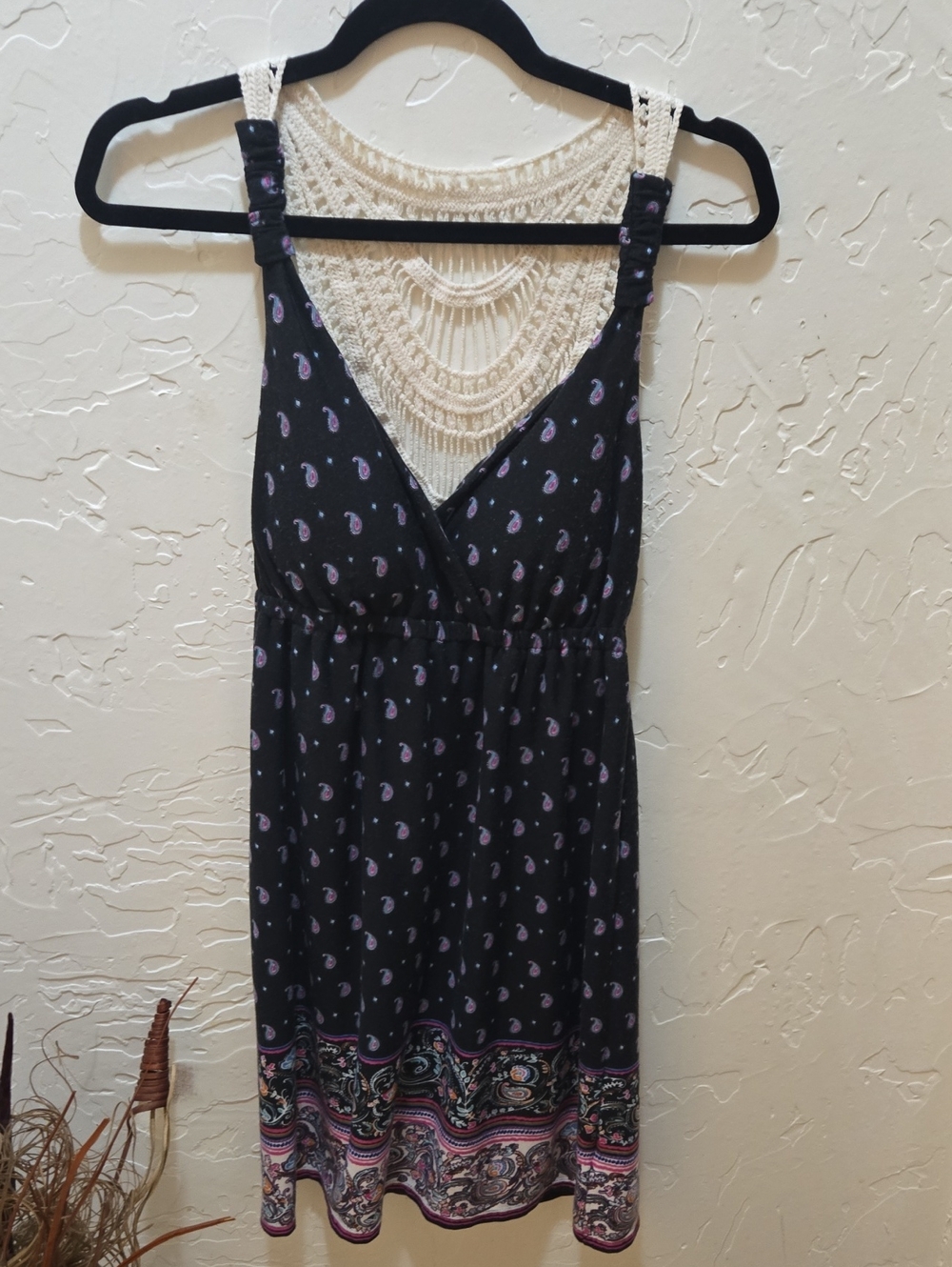 Pink Rose Black Midi Dress with Cream Crochet Yoke and Purple Paisley Accents